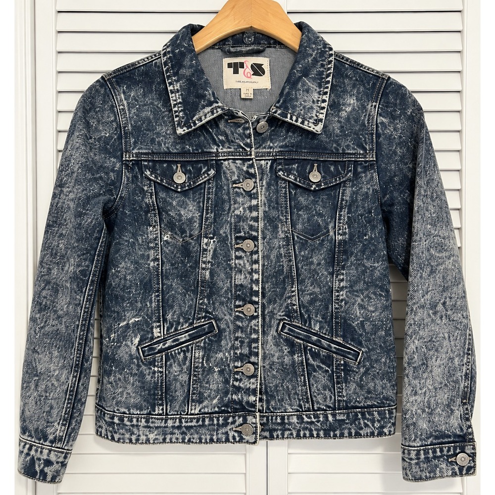 THREAD & SUPPLY Women's Size M Trucker Jean Jacket Denim Cotton Distressed Retro